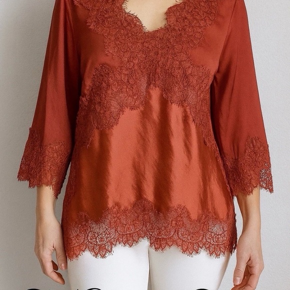 Anthropologie Moulinette Soeurs Satin Viscose Blouse Lace Orange Rust Medium - Picture 1 of 11